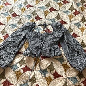 SHEIN Black and White Gingham Puff Sleeve Blouse